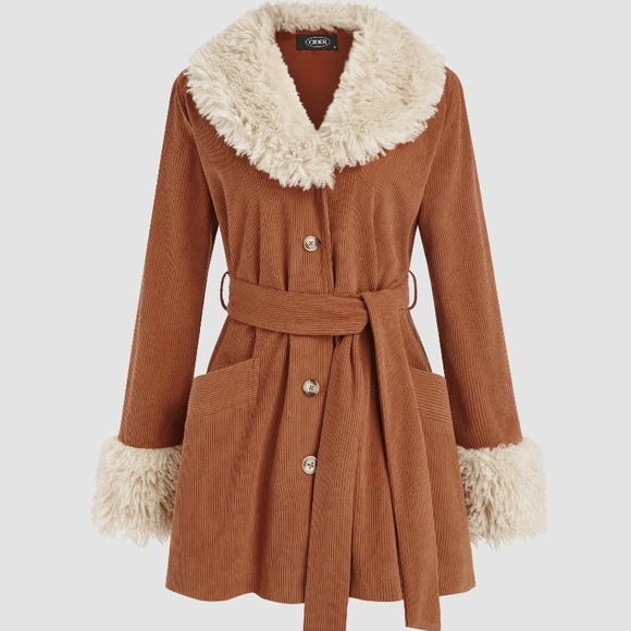 Cider Jackets & Blazers - Faux Fur Trim Corduroy Belted Jacket